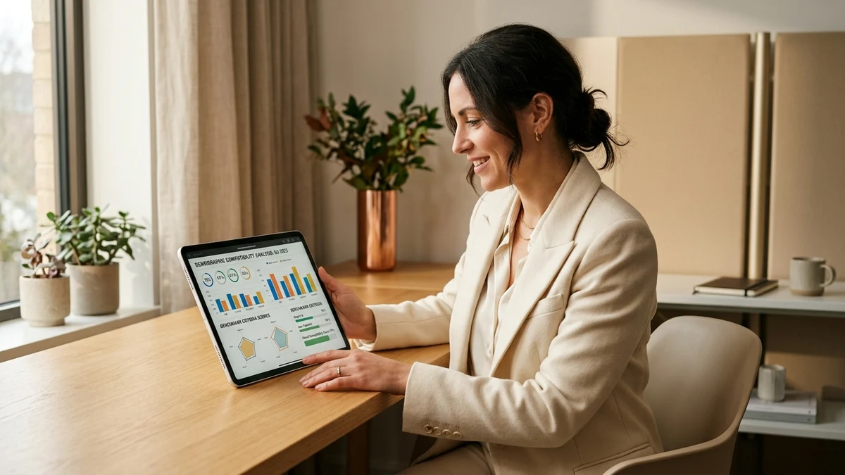 Young woman thoughtfully reviewing dating standards test scores and demographic percentages on a digital screen.