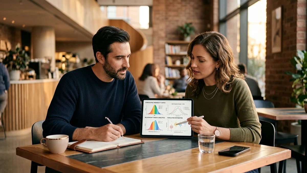 Demographic statistical research team analyzing U.S. Census CPS population distributions and partner probability curves.