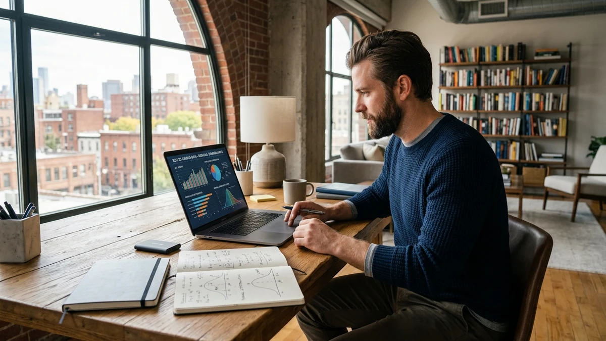 Professional adult male reviewing demographic charts and income percentile curves on a tablet in a modern workspace.