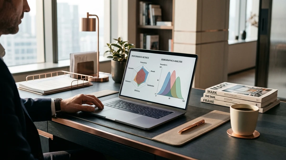 Data visualization of a multi-attribute radar chart and normal distribution curve displayed on an executive desk.